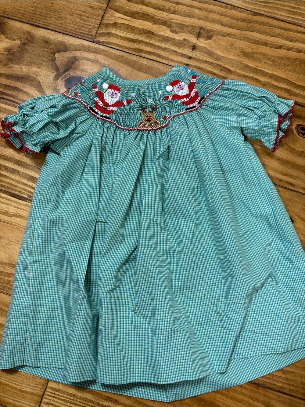Velani Classics Size 9 Months Smocked Christmas Dress w/Santa & Reindeer